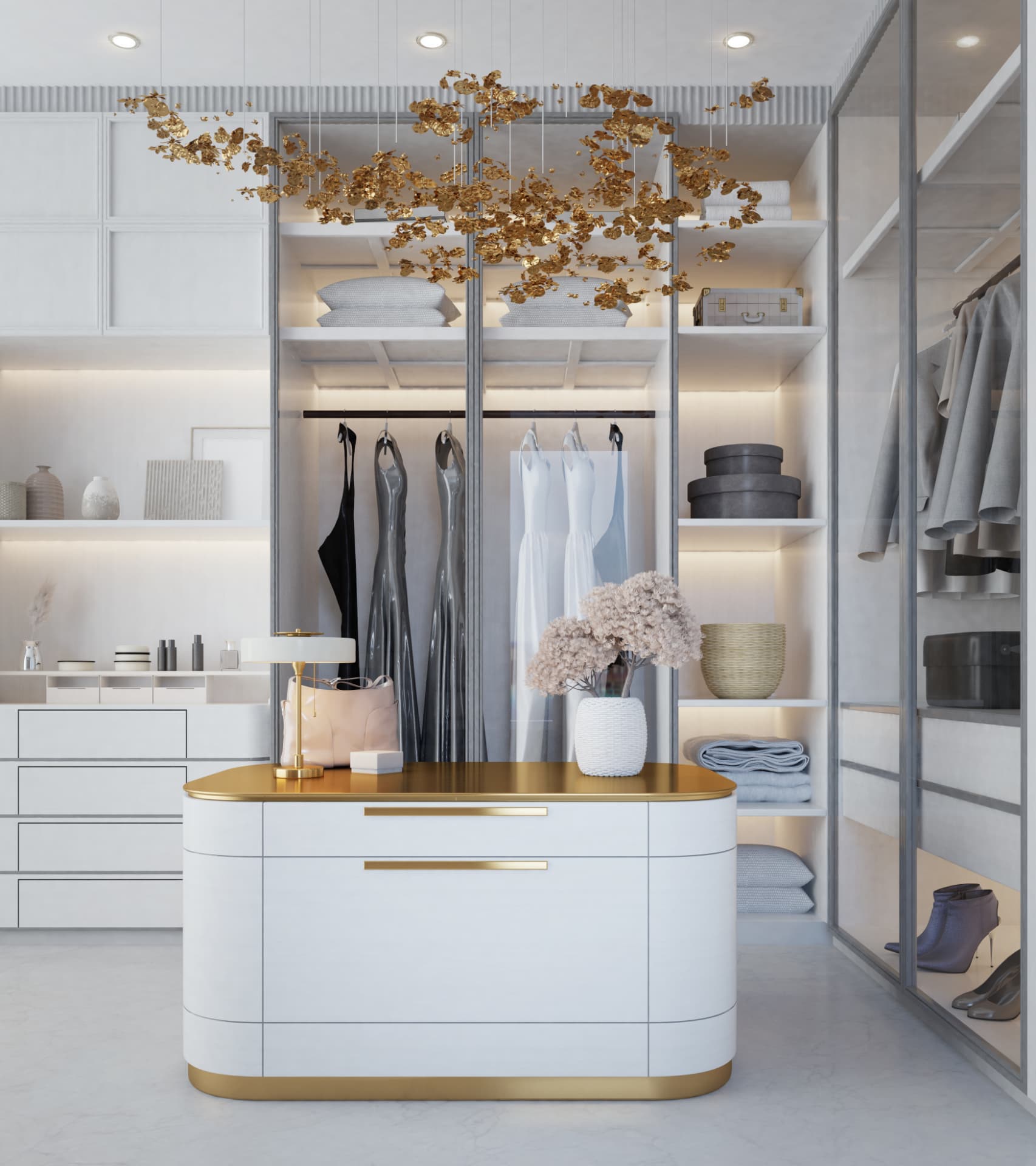 Light-filled dressing room with glass-front wardrobes and a gold-trimmed island