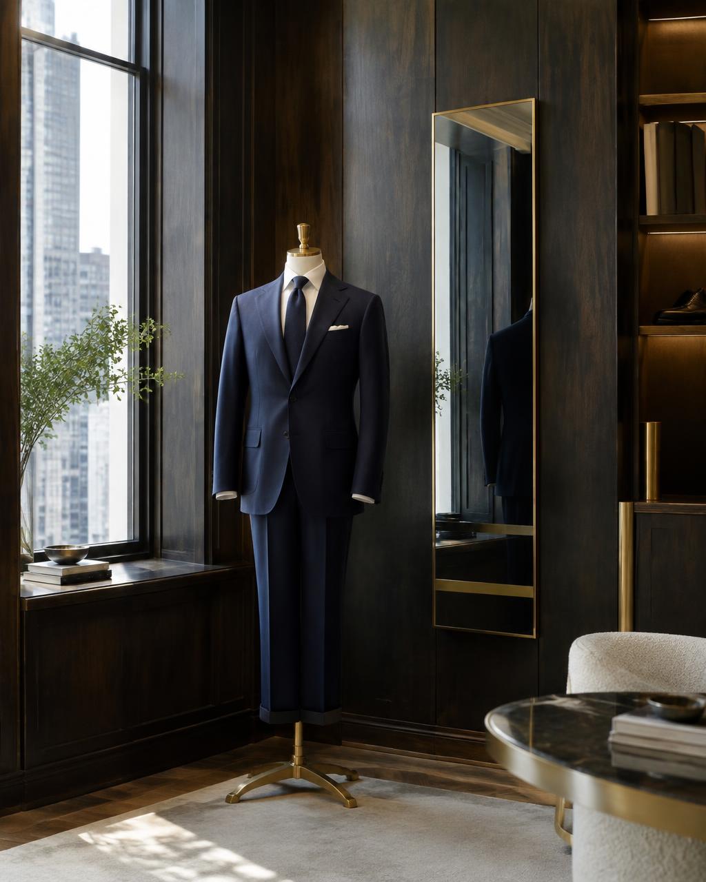 Tailored navy suit displayed in a Manhattan atelier