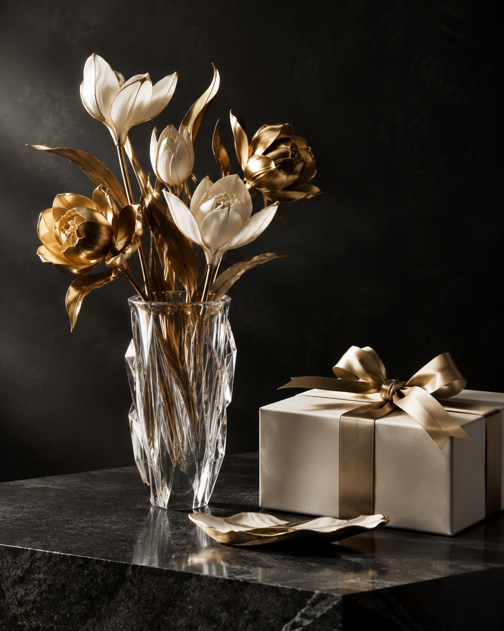 Sculptural flowers and an elegant wrapped client gift
