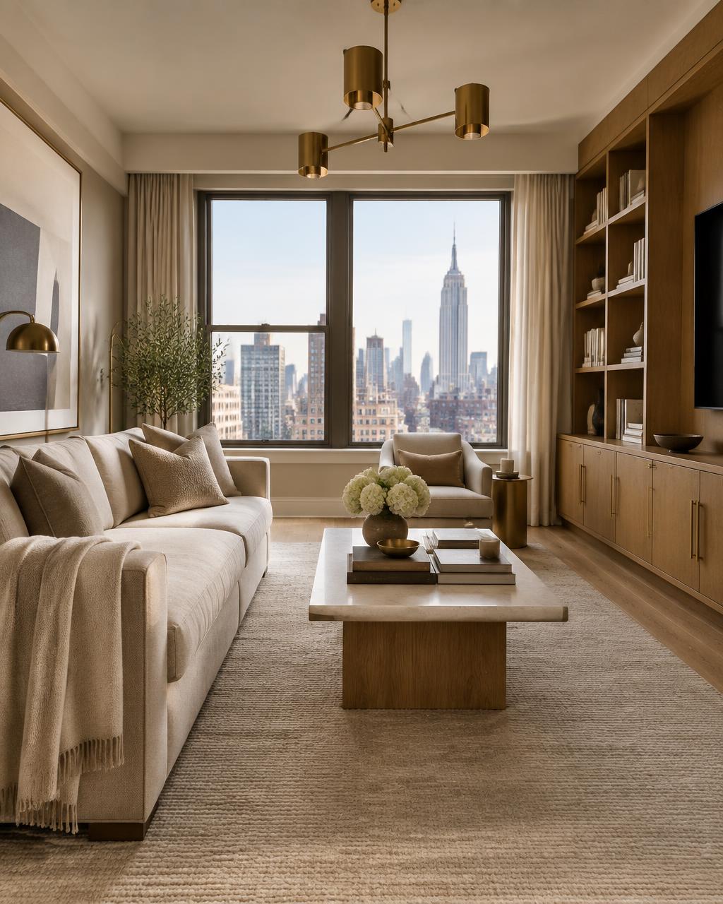 Warmly styled Manhattan living room prepared for move-in